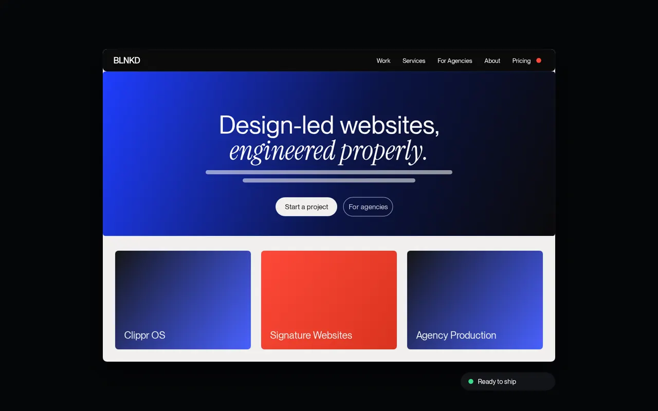 A web page assembling from a wireframe grid into a finished design